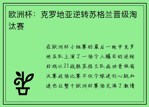 欧洲杯：克罗地亚逆转苏格兰晋级淘汰赛