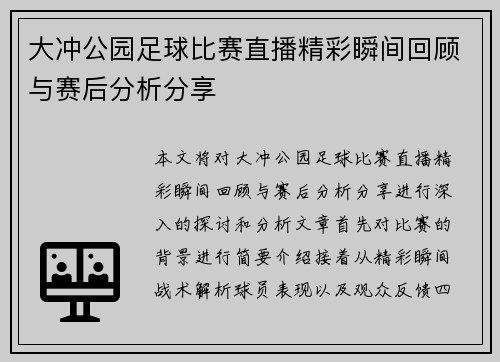 大冲公园足球比赛直播精彩瞬间回顾与赛后分析分享